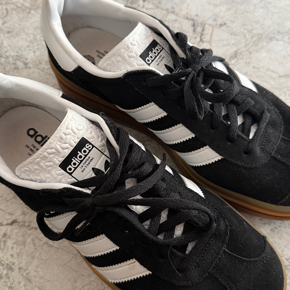 adidas platflorn Black Suede Sneakers with White Stripes and Gum Sole - Picture 4 of 5